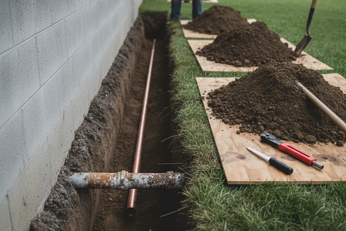 Excavated water line trench during Water Softener Installation in Midway